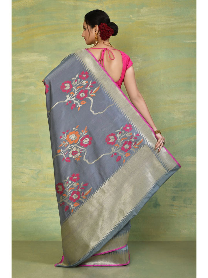 Grey & Pink Soft Silk Cutwork Banarasi Saree