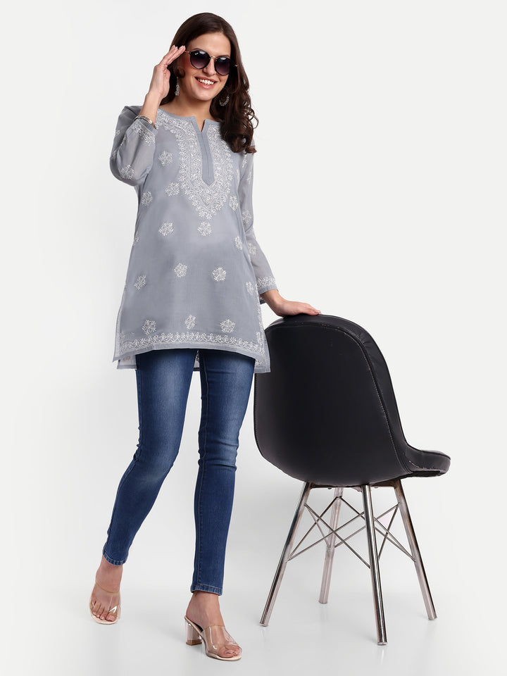 Grey & White Floral Bale Booti Chikankari Tunic Top