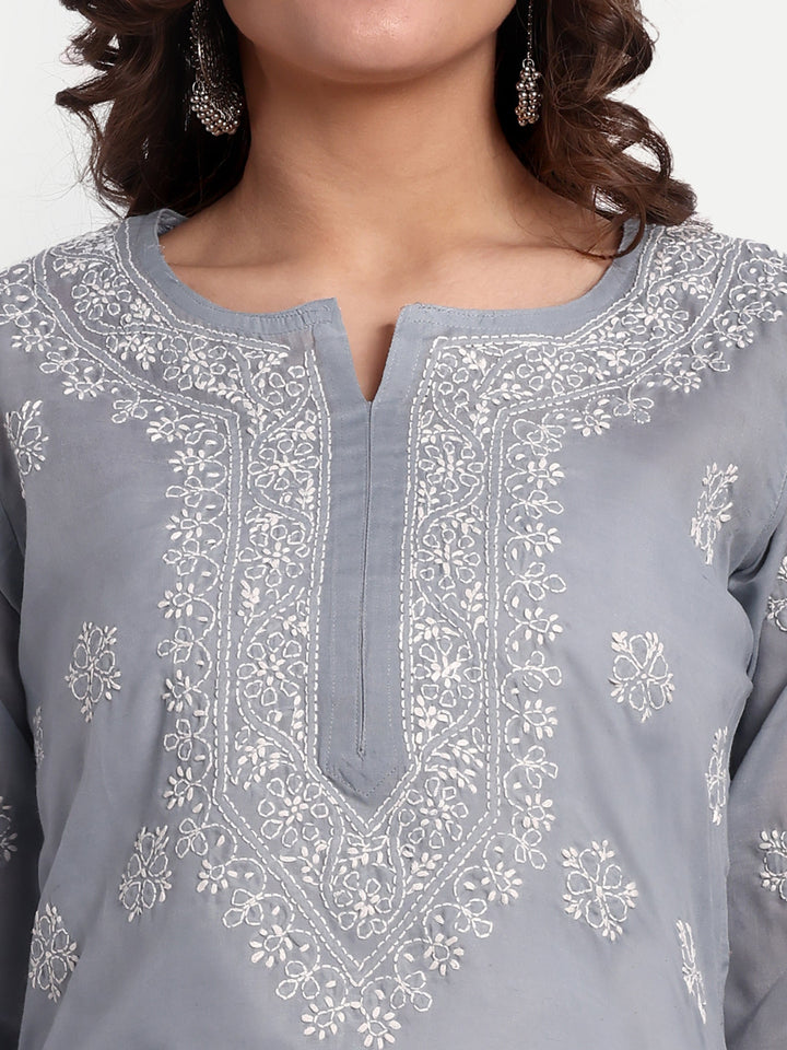 Grey & White Floral Bale Booti Chikankari Tunic Top