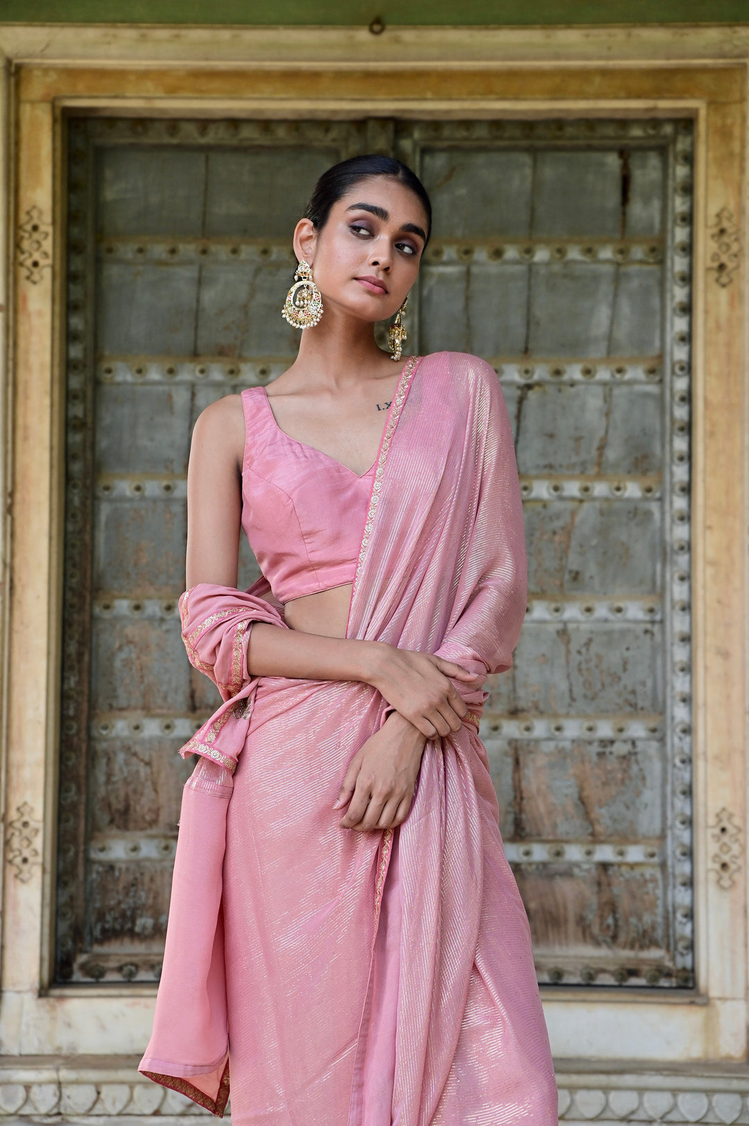Gulbahar Pink Zari-Sequined Solid Saree