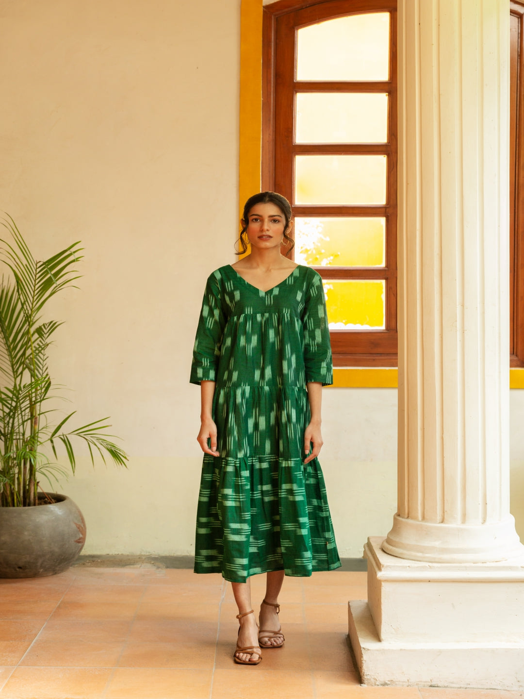 Handloom Cotton Ikkat Green Tiered Dress