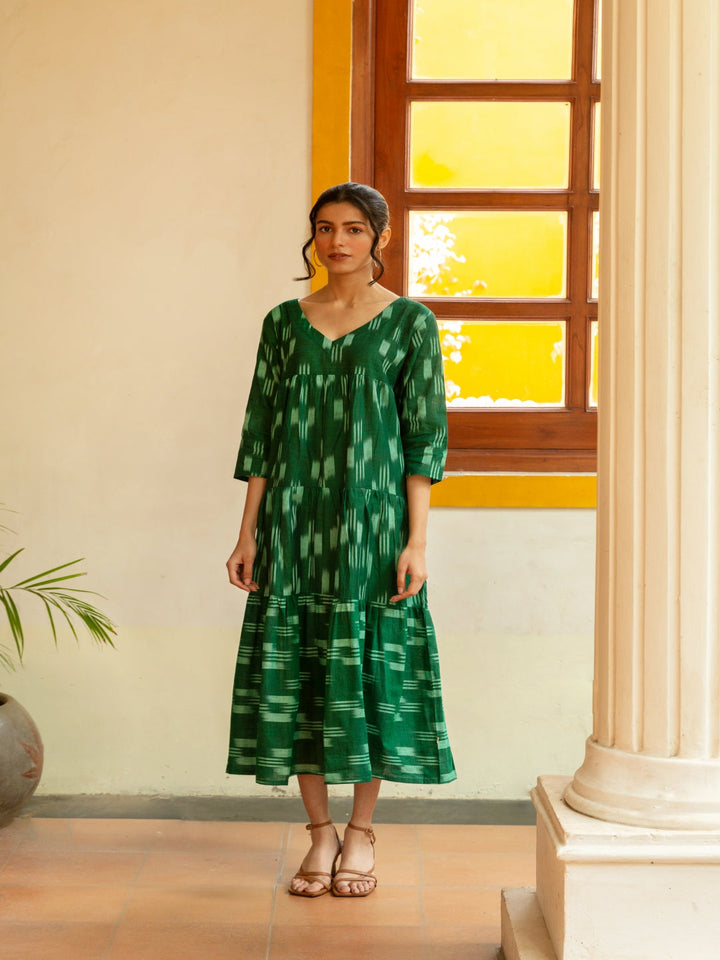 Handloom Cotton Ikkat Green Tiered Dress