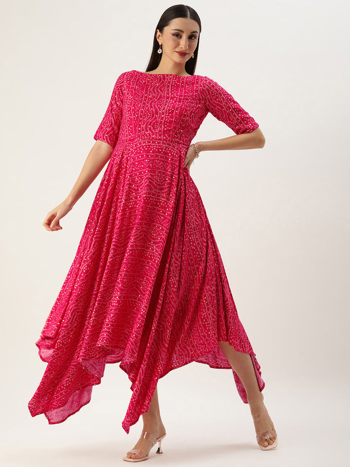 Hot Pink Bandhani Printed Rayon Hankerchief Dress