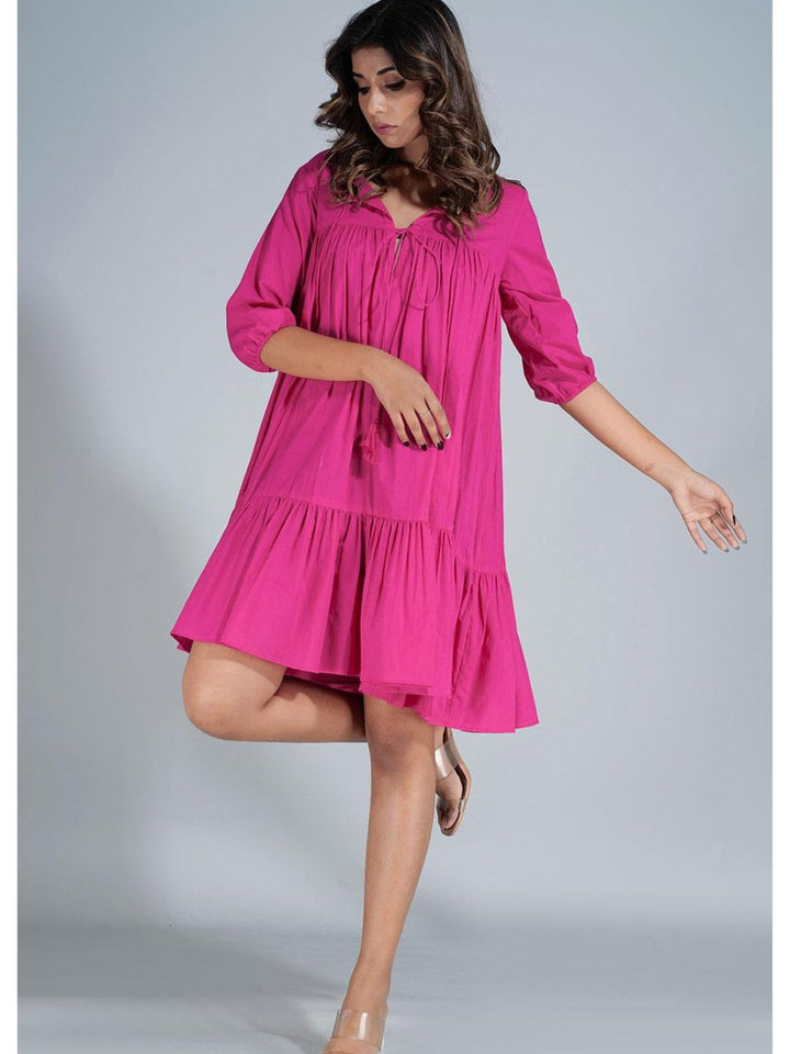 Hot Pink Cotton Mini Tier Dress