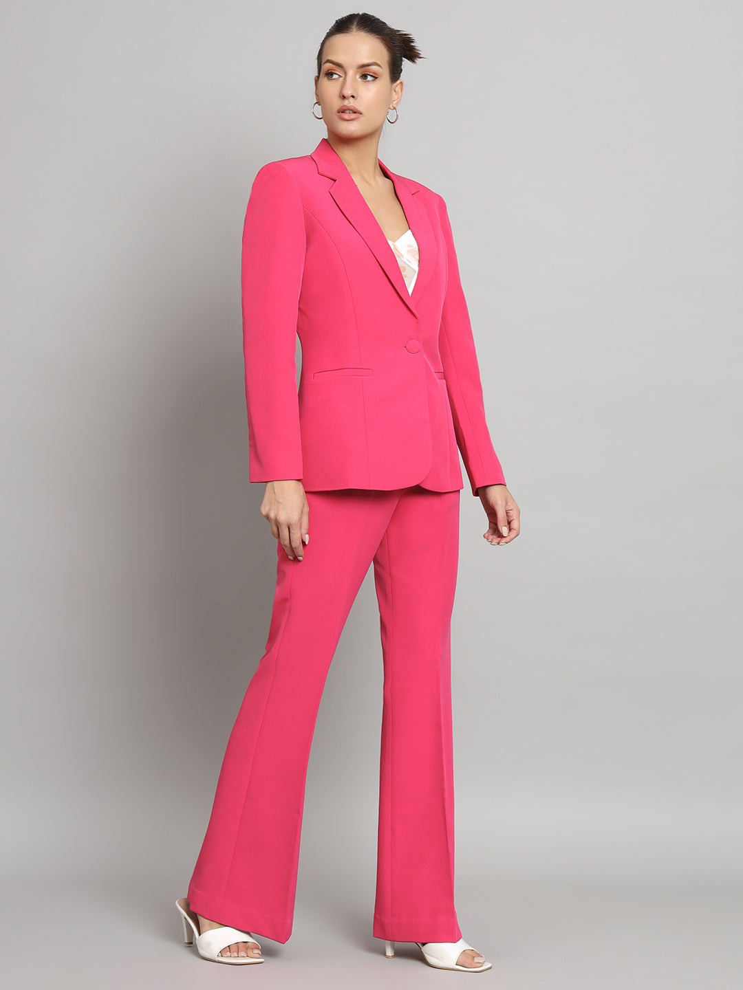 Hot Pink Notch Collar Stretch Pant Suit
