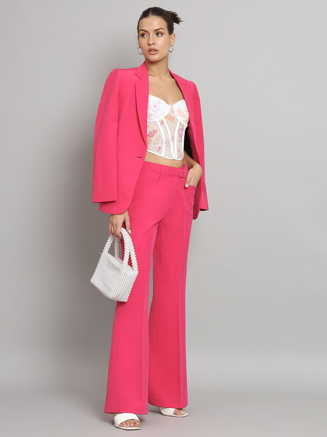 Hot Pink Notch Collar Stretch Pant Suit