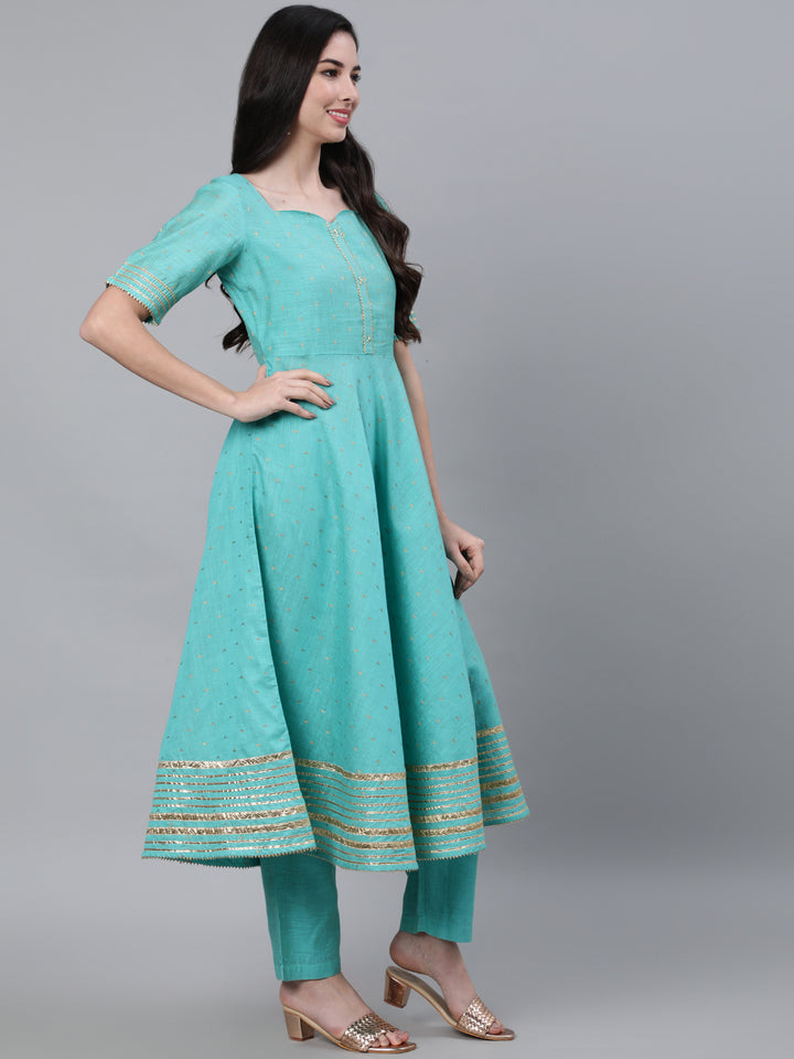 Sea Green Chanderi Flared Kurta With Pants & Dupatta