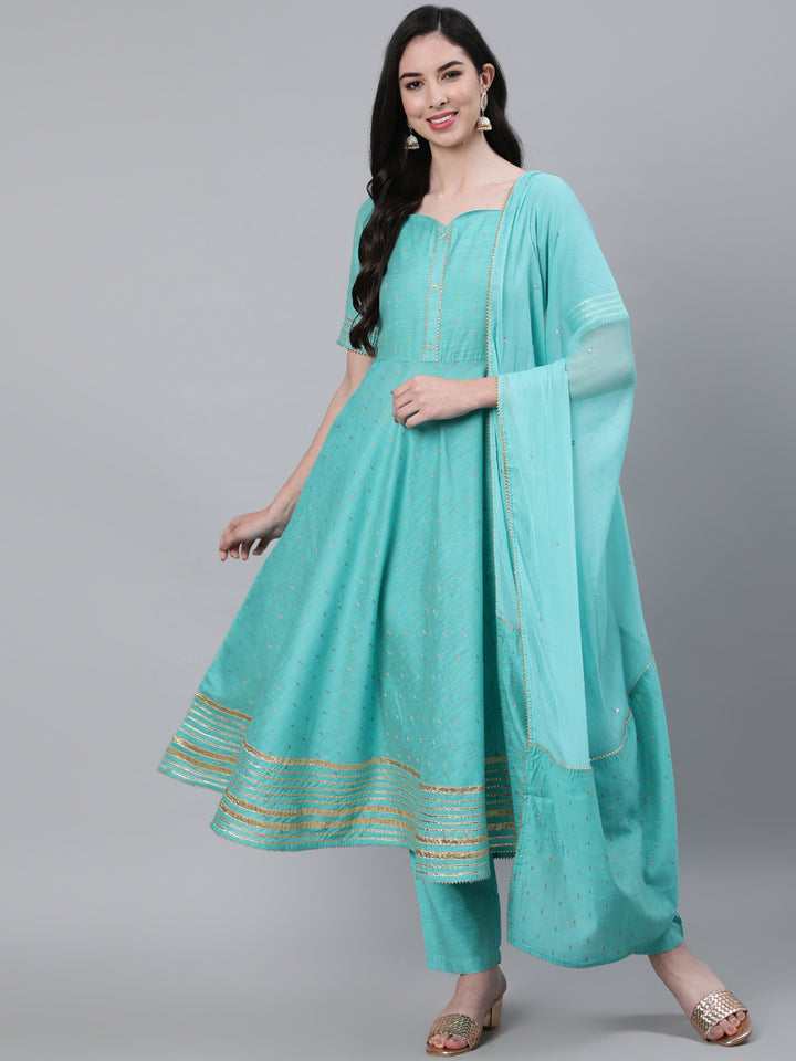 Sea Green Chanderi Flared Kurta With Pants & Dupatta