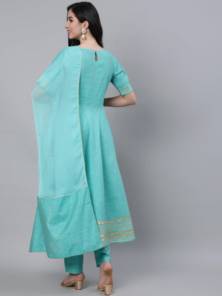 Sea Green Chanderi Flared Kurta With Pants & Dupatta