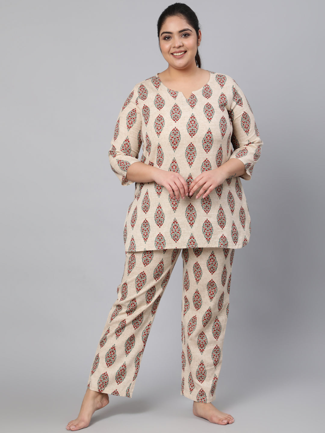 Beige-&-Red-Cotton-Printed-Night-Suit