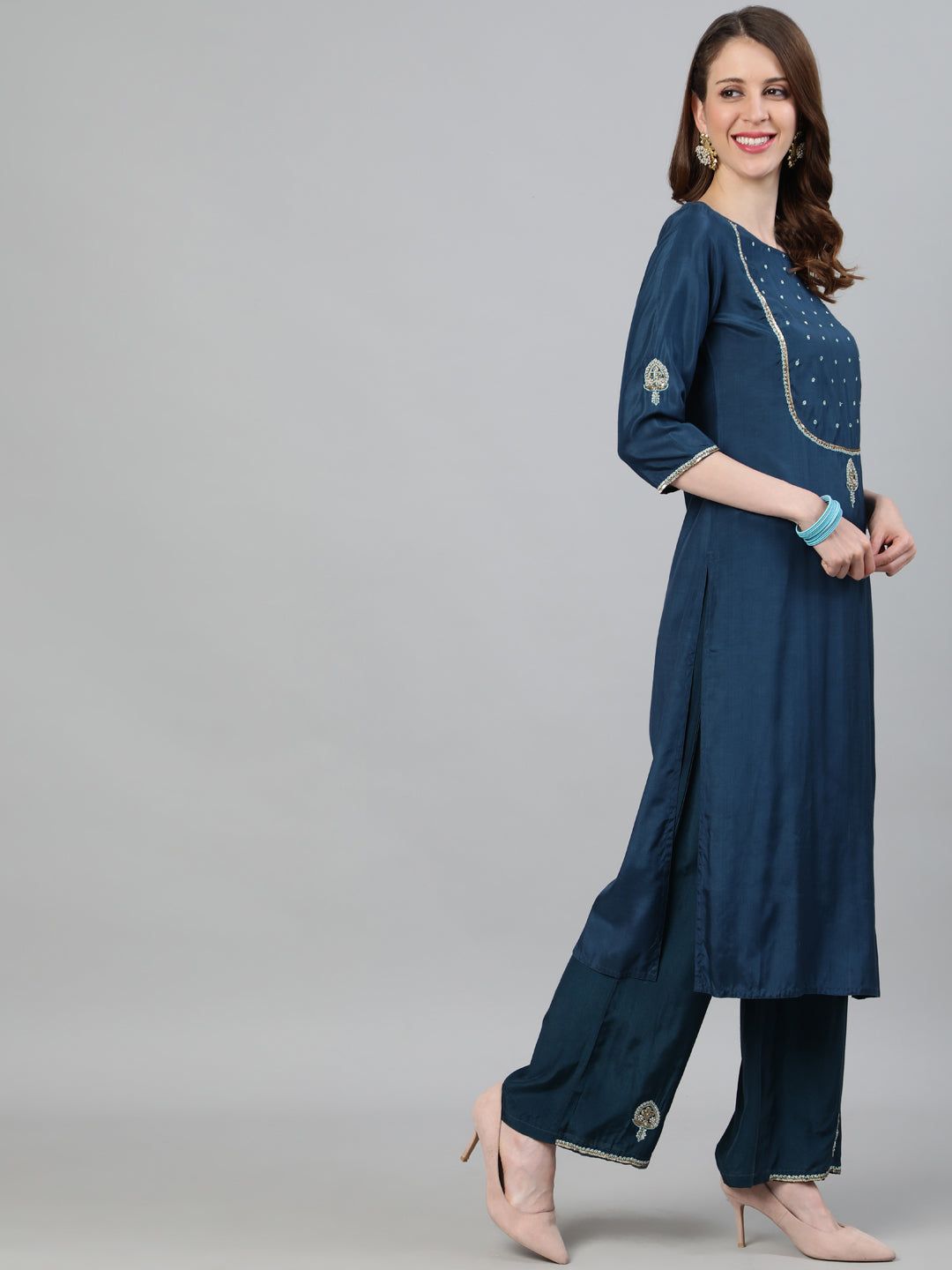 Teal Silk Blend Embroidered Kurta Set with Blue Dupatta