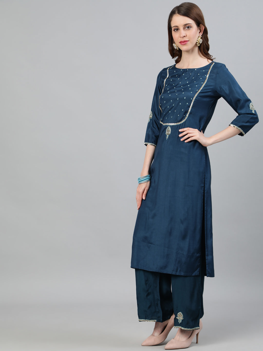 Teal Silk Blend Embroidered Kurta Set with Blue Dupatta