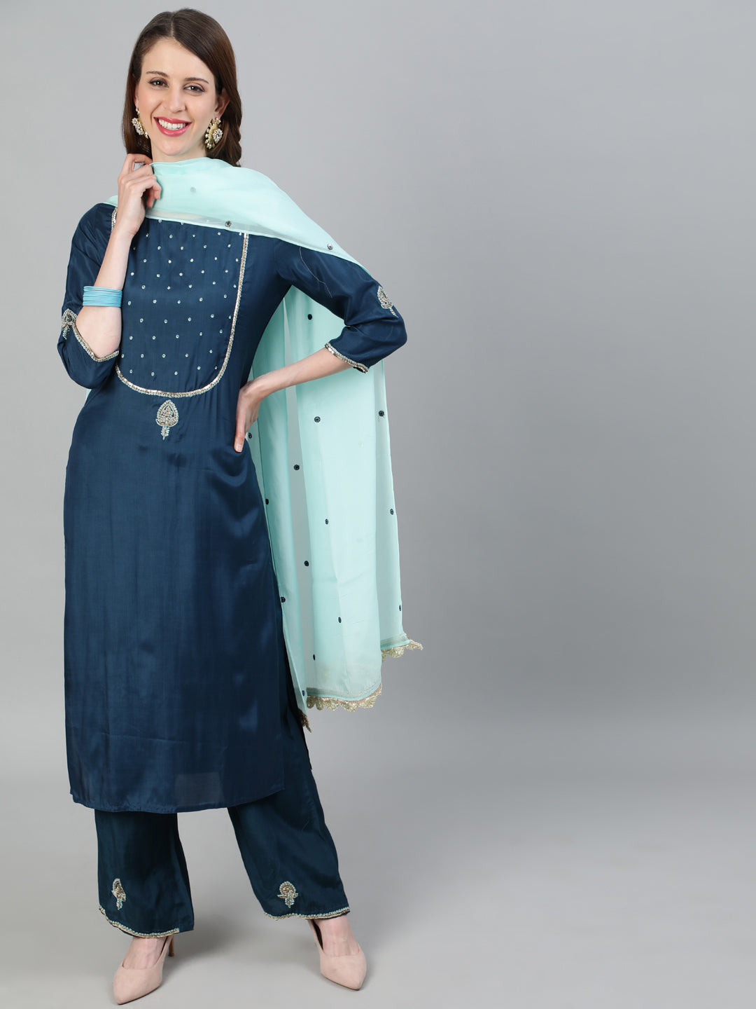 Teal Silk Blend Embroidered Kurta Set with Blue Dupatta