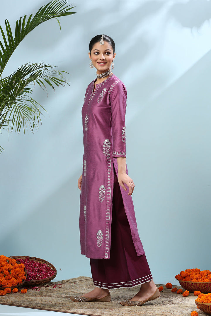 Purple Zari Embroidered Cotton-Silk Kurta