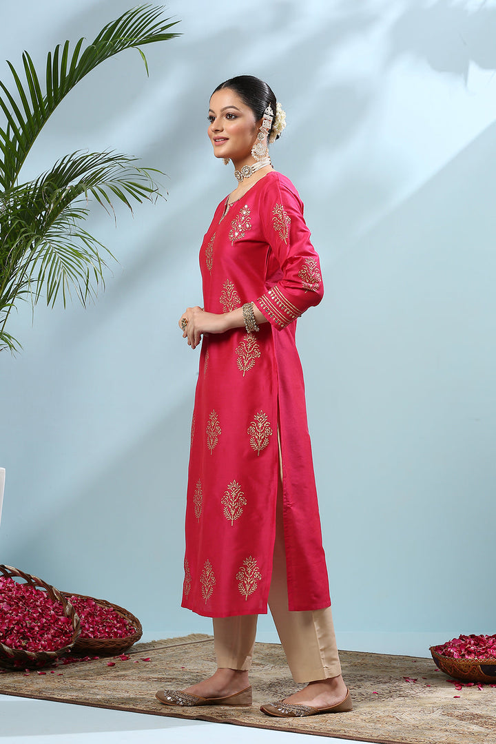 Fusia Pink Khari Printed Cotton Silk Kurta