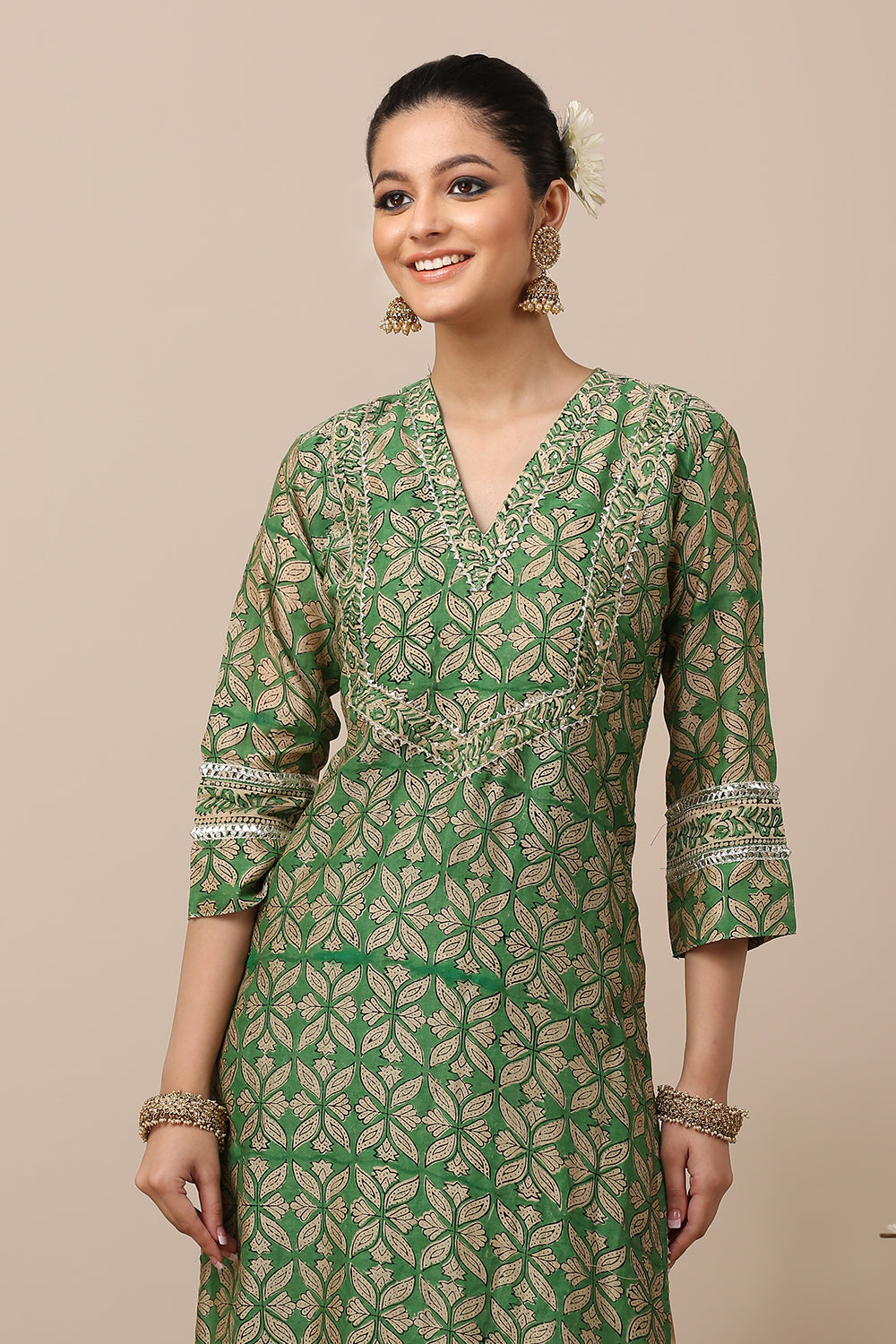 Green Hand Block Printed Chanderi Silk Kurta