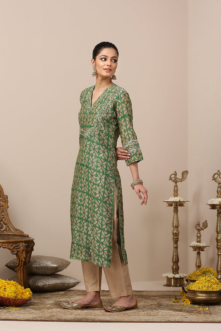 Green Hand Block Printed Chanderi Silk Kurta