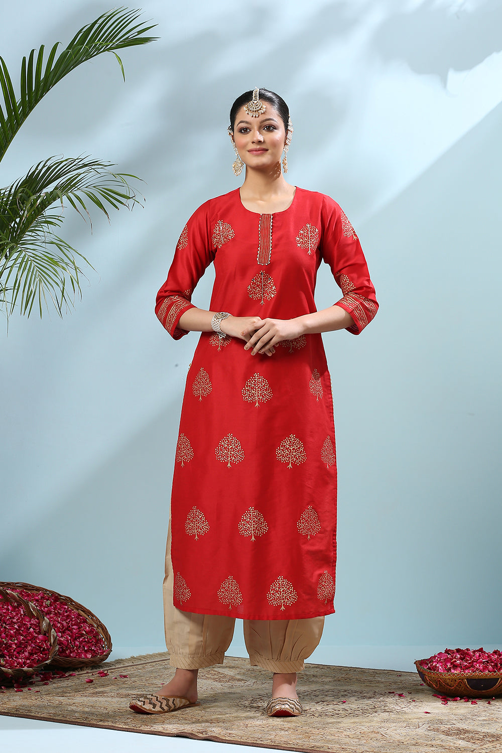 Red Cotton-Silk Blend Khari Print Straight Kurta