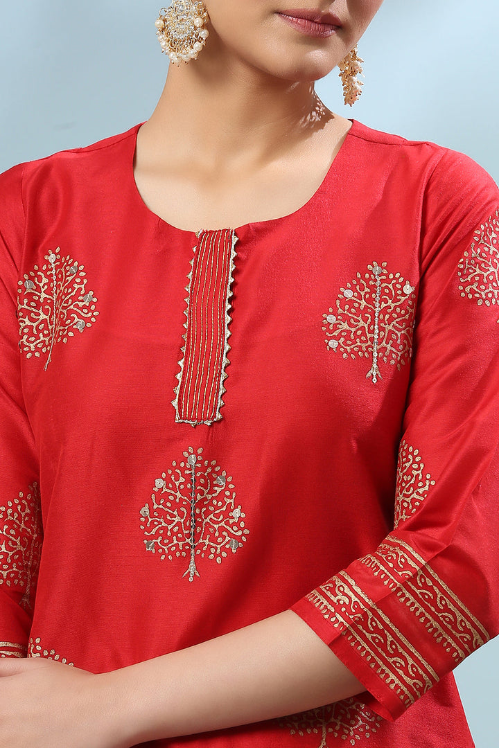 Red Cotton-Silk Blend Khari Print Straight Kurta