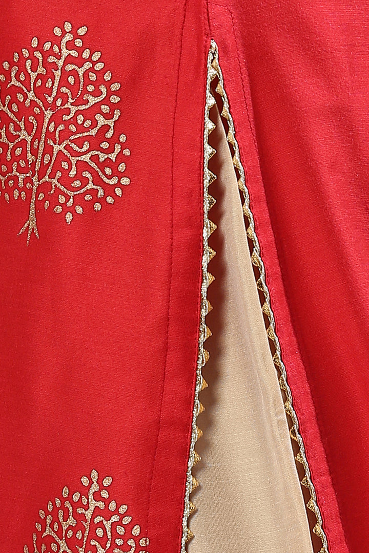 Red Cotton-Silk Blend Khari Print Straight Kurta