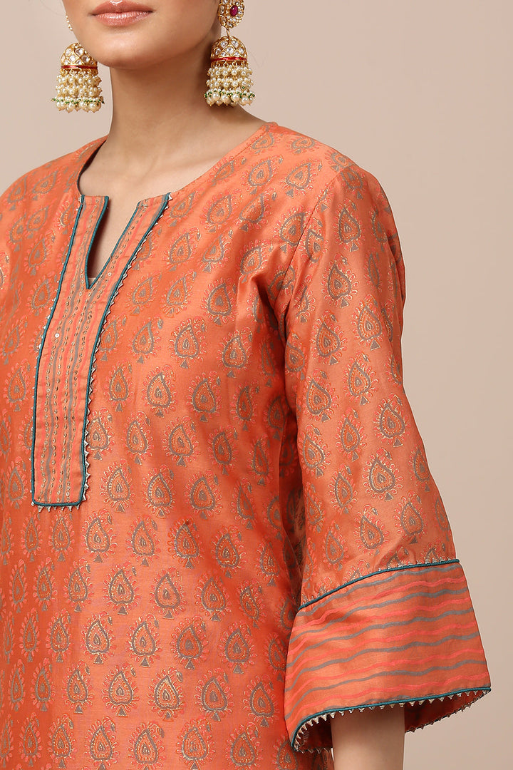 Orange Chanderi Khari Print Designer Suit Set