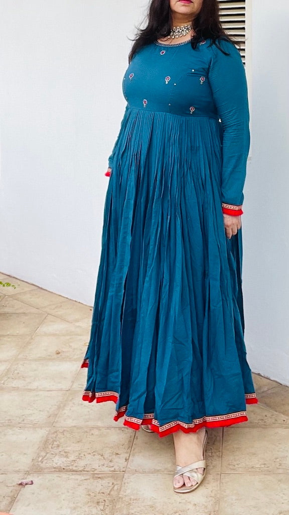 Peacock Blue Flared Gathered Waist Long Dress