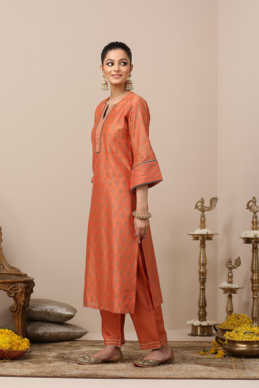 Orange Chanderi Khari Print Designer Suit Set