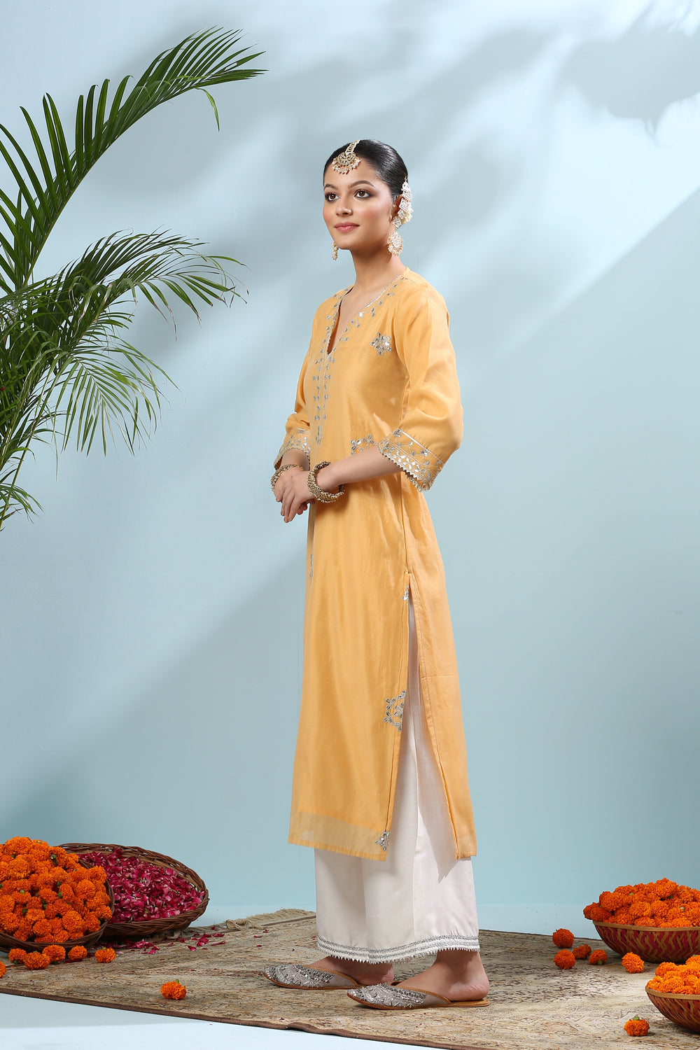 Mild Yellow Gota Patti Embellished Chanderi Kurta