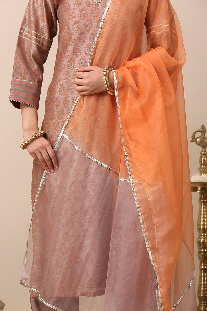 Taupe Chanderi Khari Print Designer Suit Set
