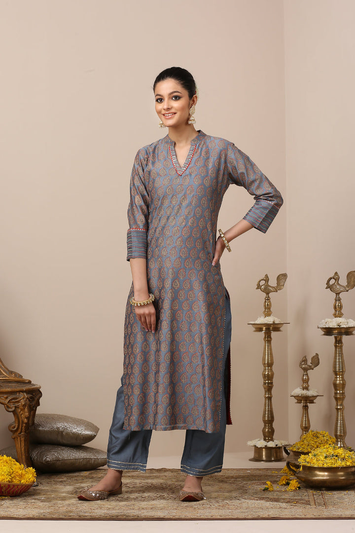 Blue Chanderi Khari Print Designer Suit Set