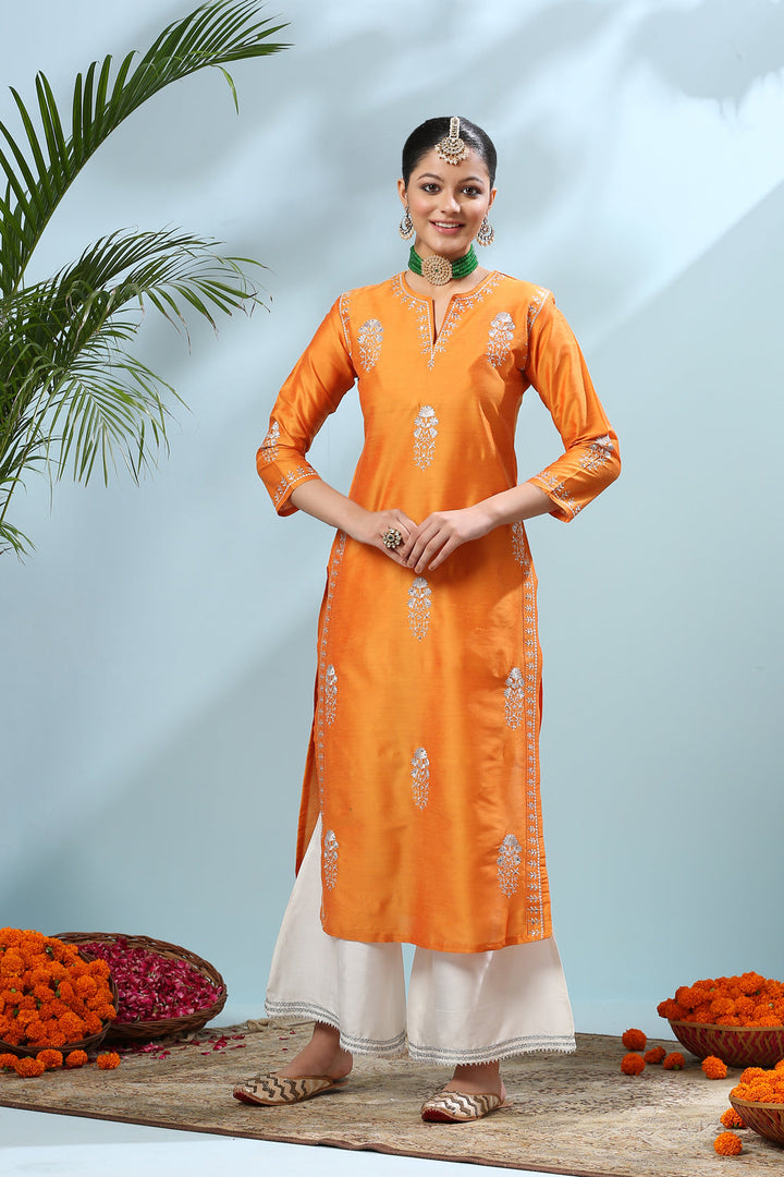 Yellowish Orange Embroidered Cotton-Silk Kurta