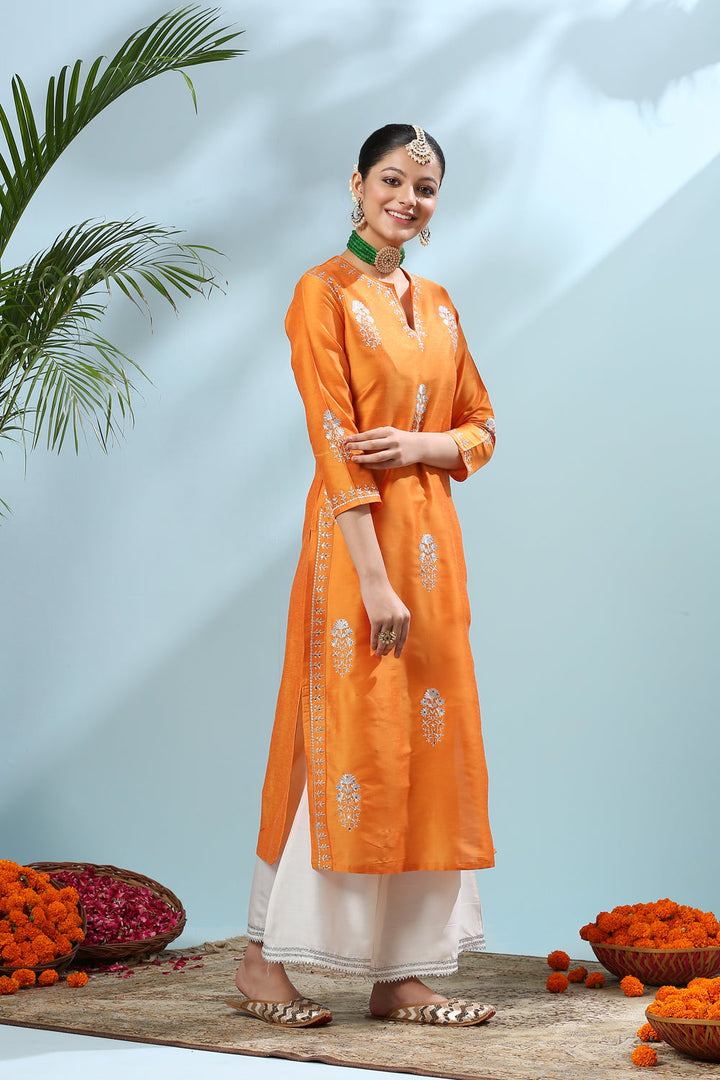 Yellowish Orange Embroidered Cotton-Silk Kurta