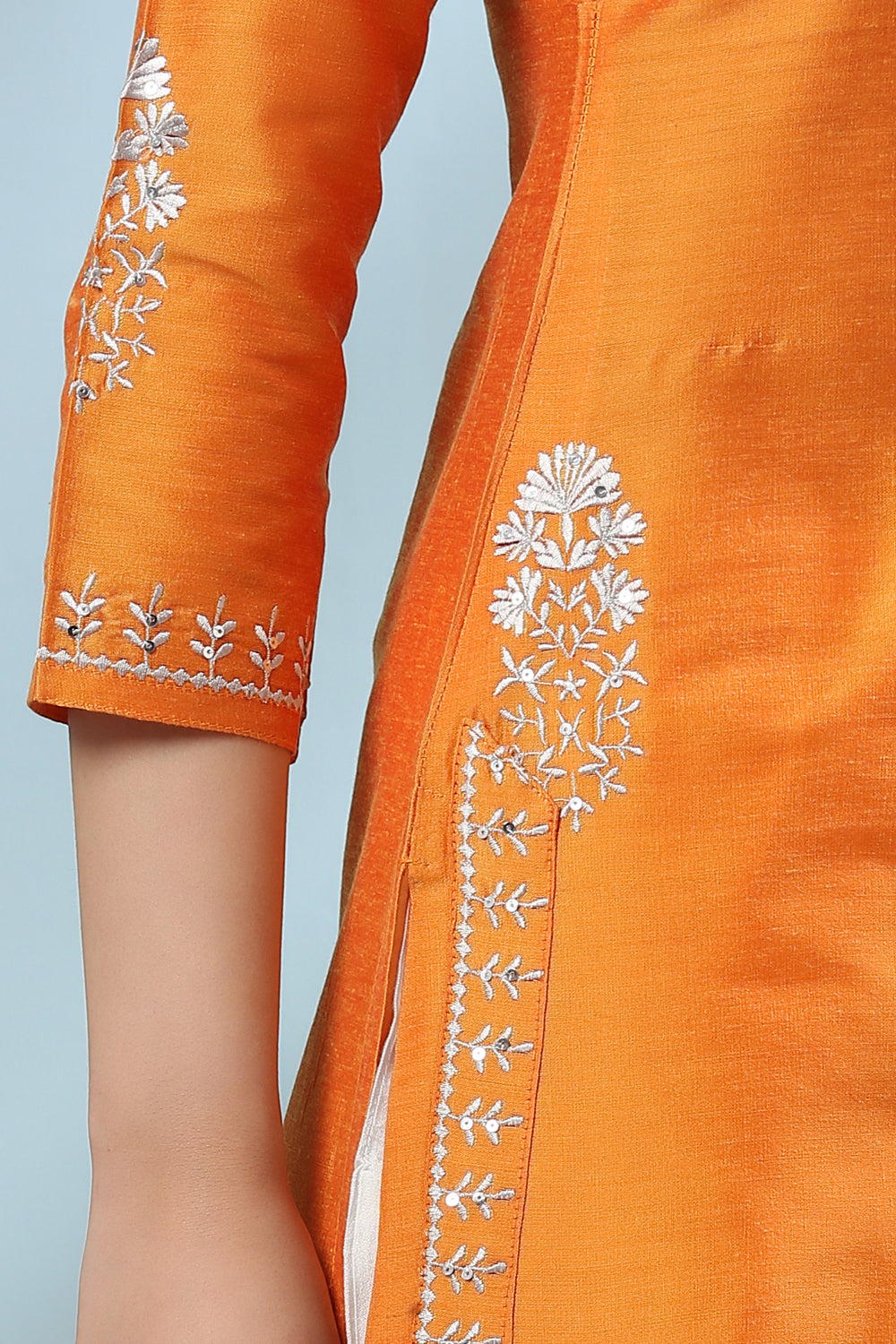 Yellowish Orange Embroidered Cotton-Silk Kurta