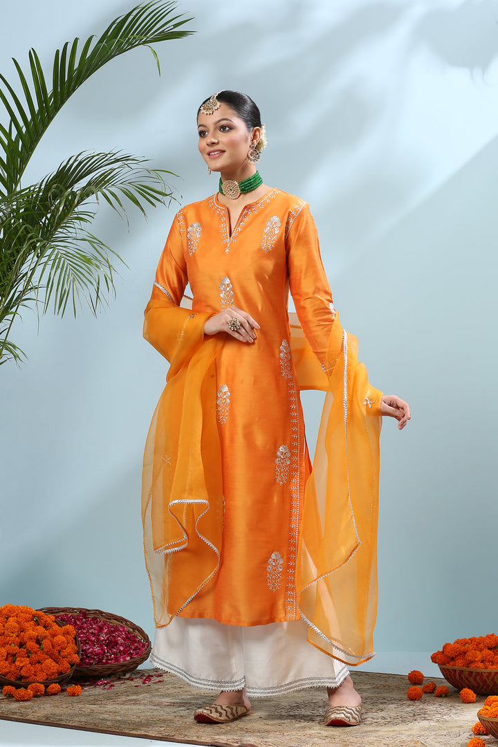 Yellowish Orange Embroidered Cotton-Silk Kurta