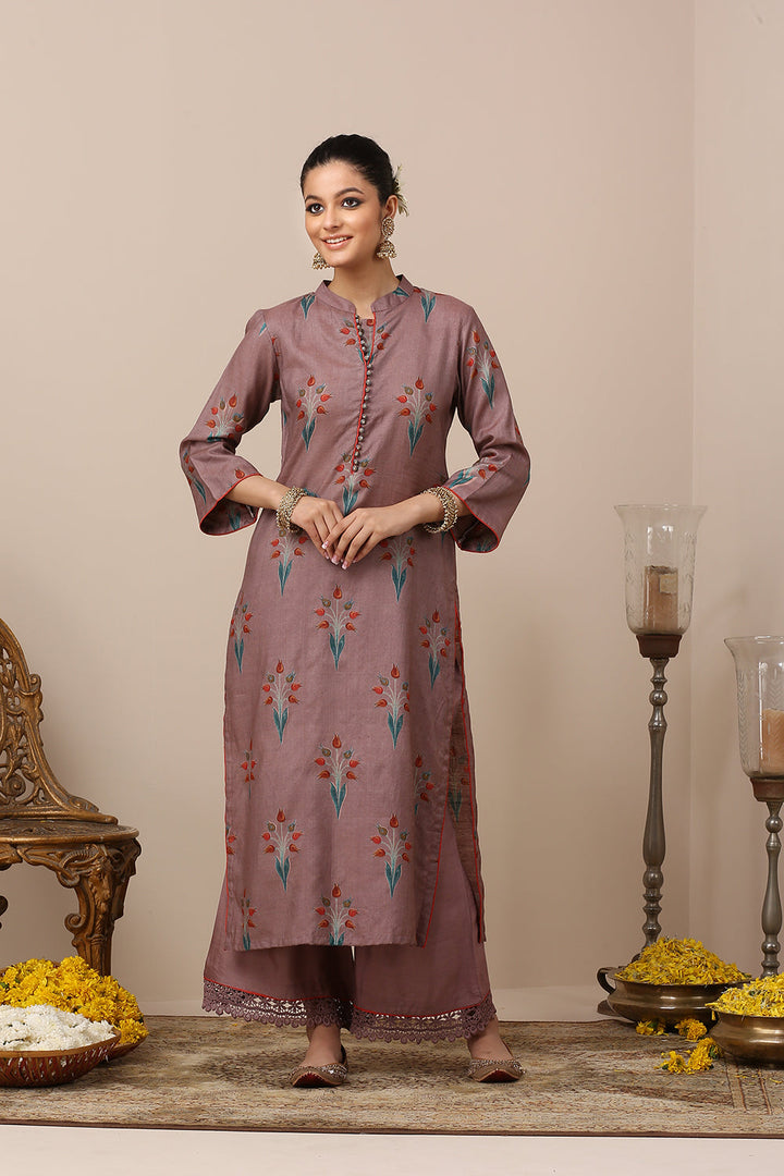 Mauve & Blue Tussar Moonga Silk Designer Suit Set