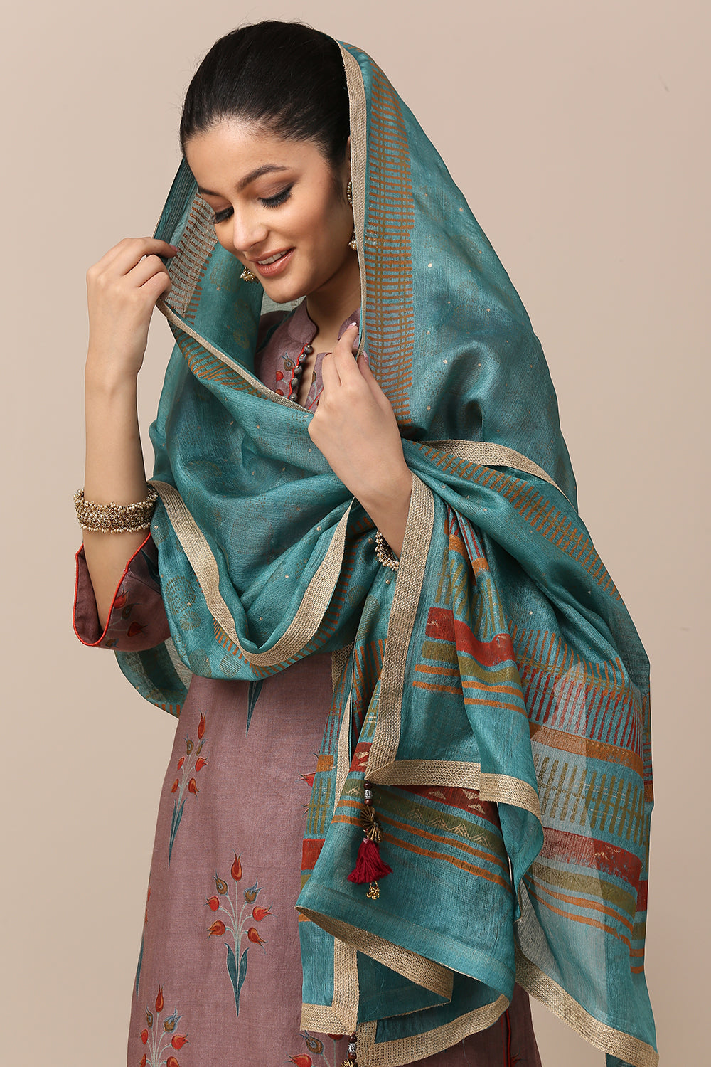 Mauve & Blue Tussar Moonga Silk Designer Suit Set