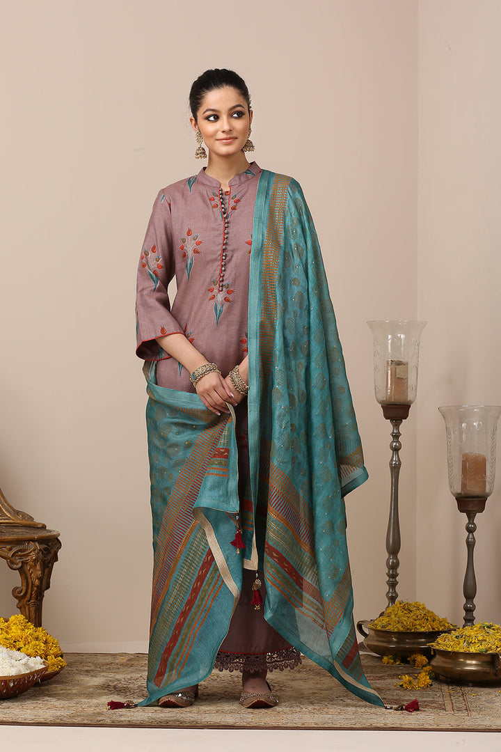 Mauve & Blue Tussar Moonga Silk Designer Suit Set