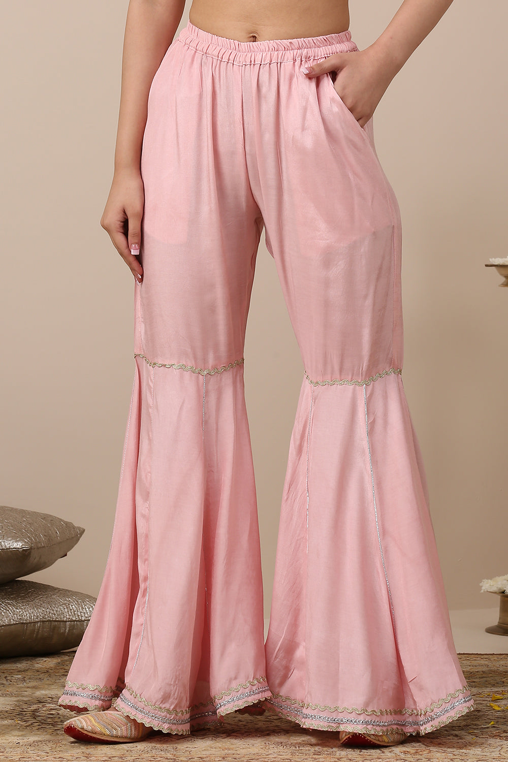 Pink Cotton Silk Sharara Pants with Zari Laces