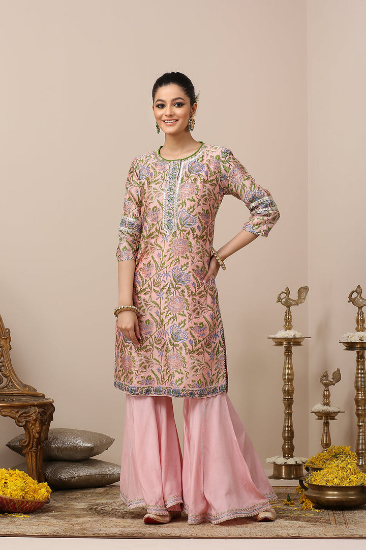 Pink Hand Block Printed Chanderi Silk Kurta