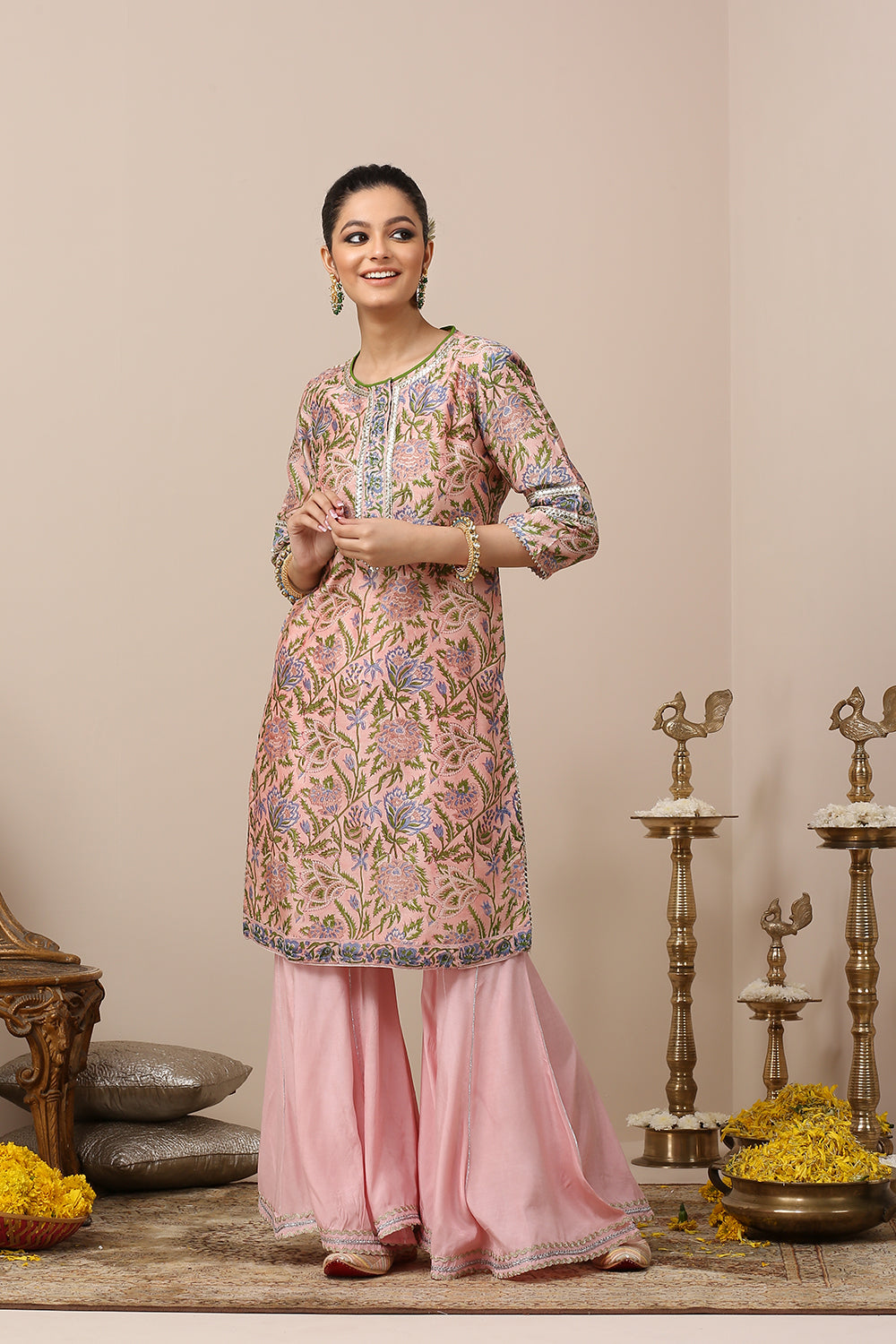 Pink Hand Block Printed Chanderi Silk Kurta