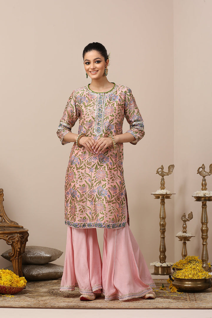 Pink Hand Block Printed Chanderi Silk Kurta