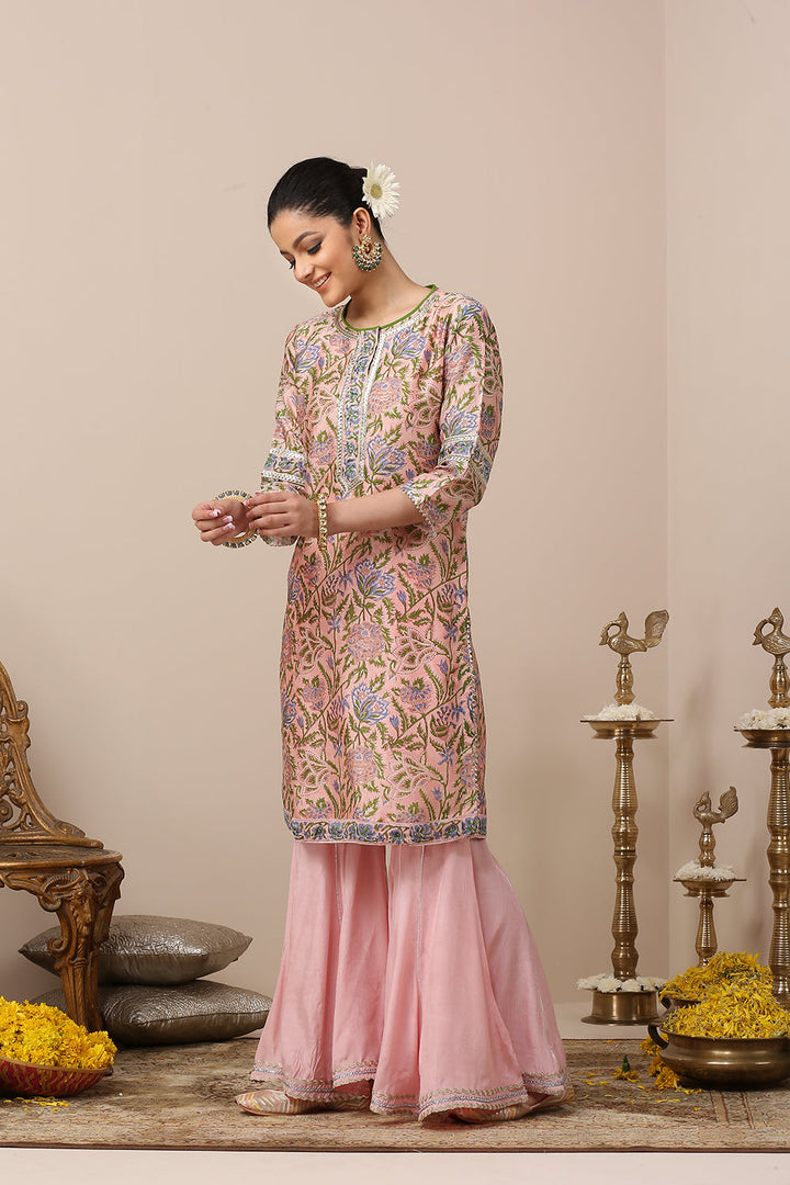 Pink Hand Block Printed Chanderi Silk Kurta