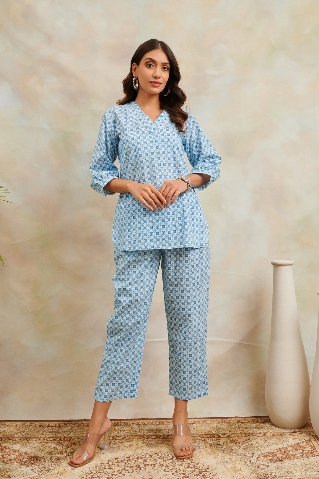 Blue Cotton Printed Tunic and Pant Lounge Wear