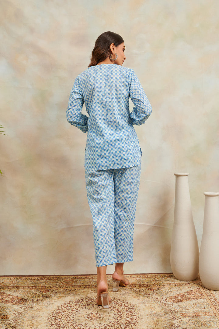 Blue Cotton Printed Tunic and Pant Lounge Wear
