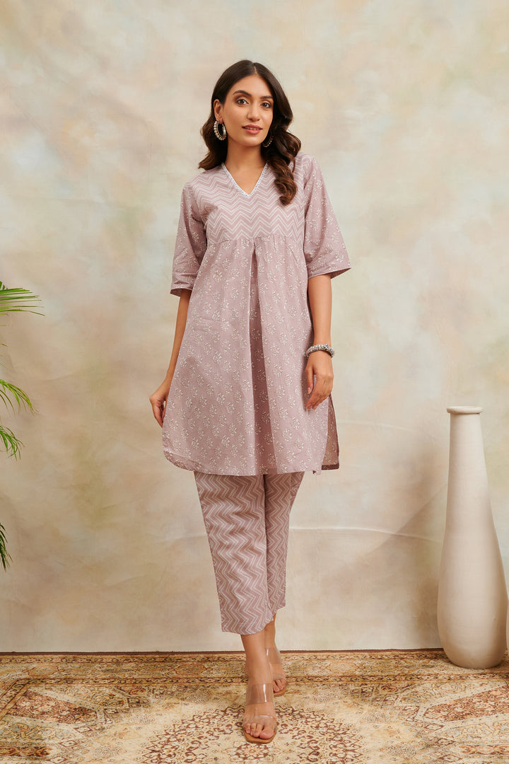 Taupe Cotton Printed Tunic and Pant Lounge Wear