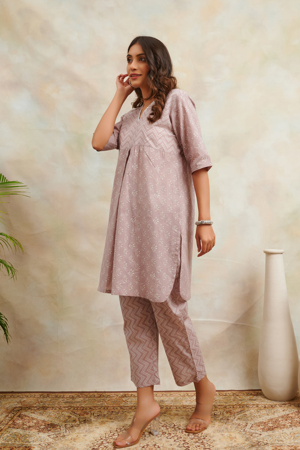 Taupe Cotton Printed Tunic and Pant Lounge Wear