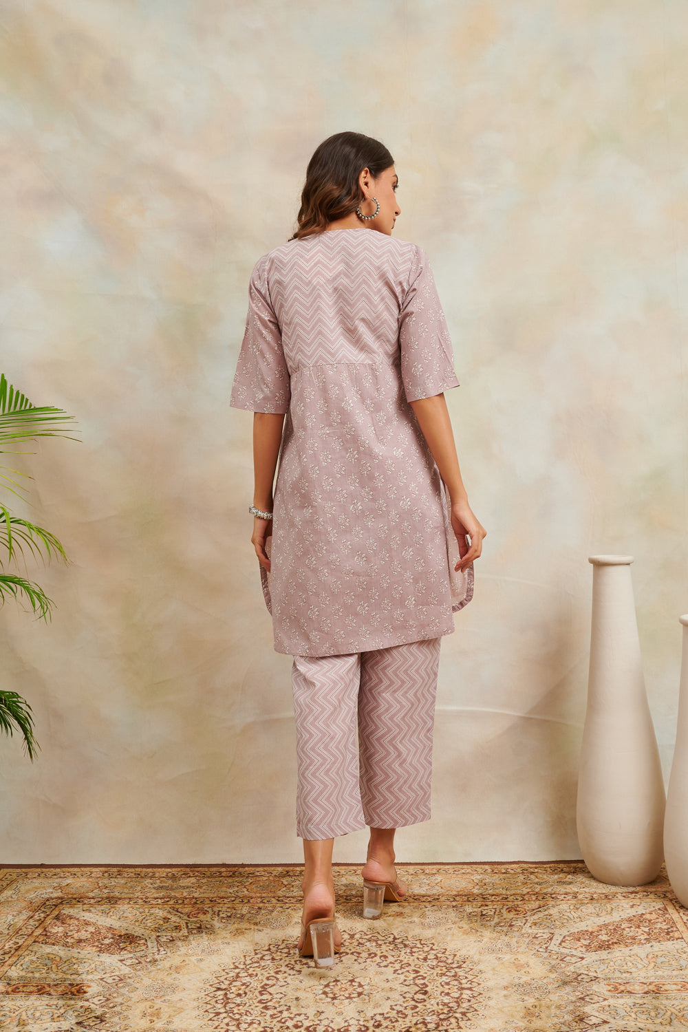 Taupe Cotton Printed Tunic and Pant Lounge Wear