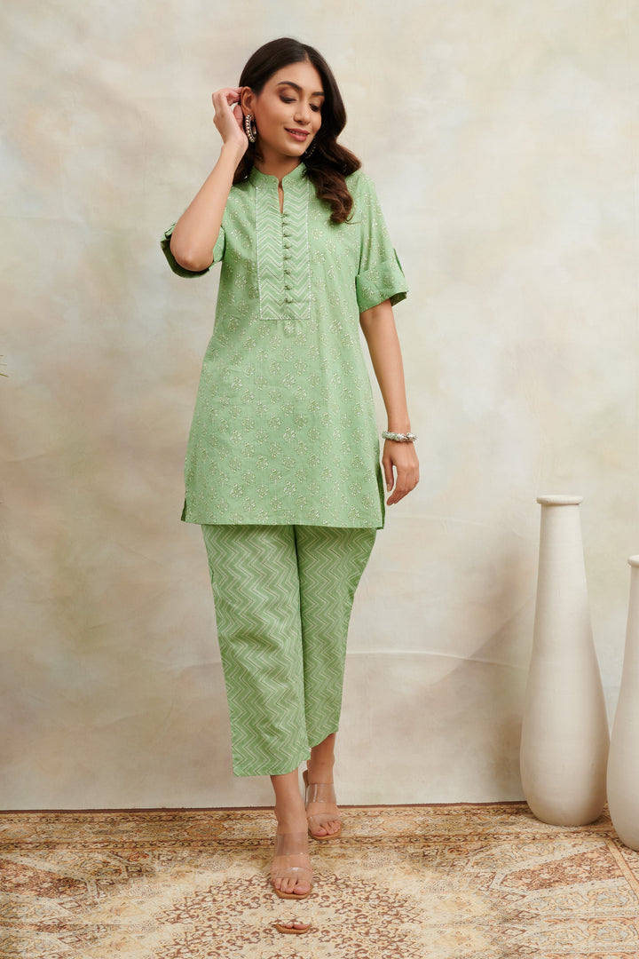 Green Cotton Printed Tunic and Pant Lounge Wear