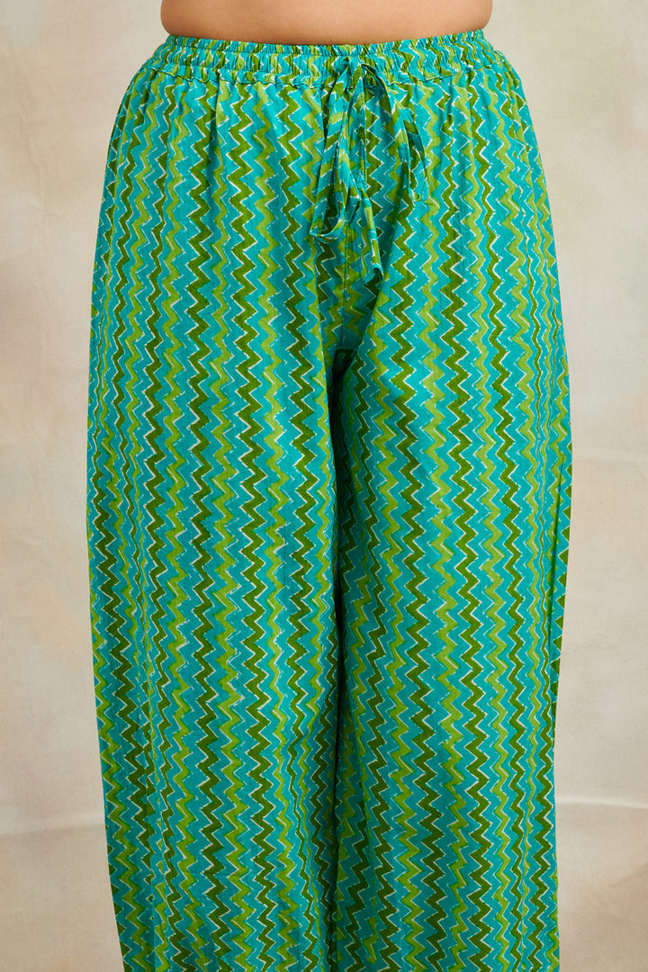 Blue & Green Chevron Vertical Stripe Print Izhaar Pants