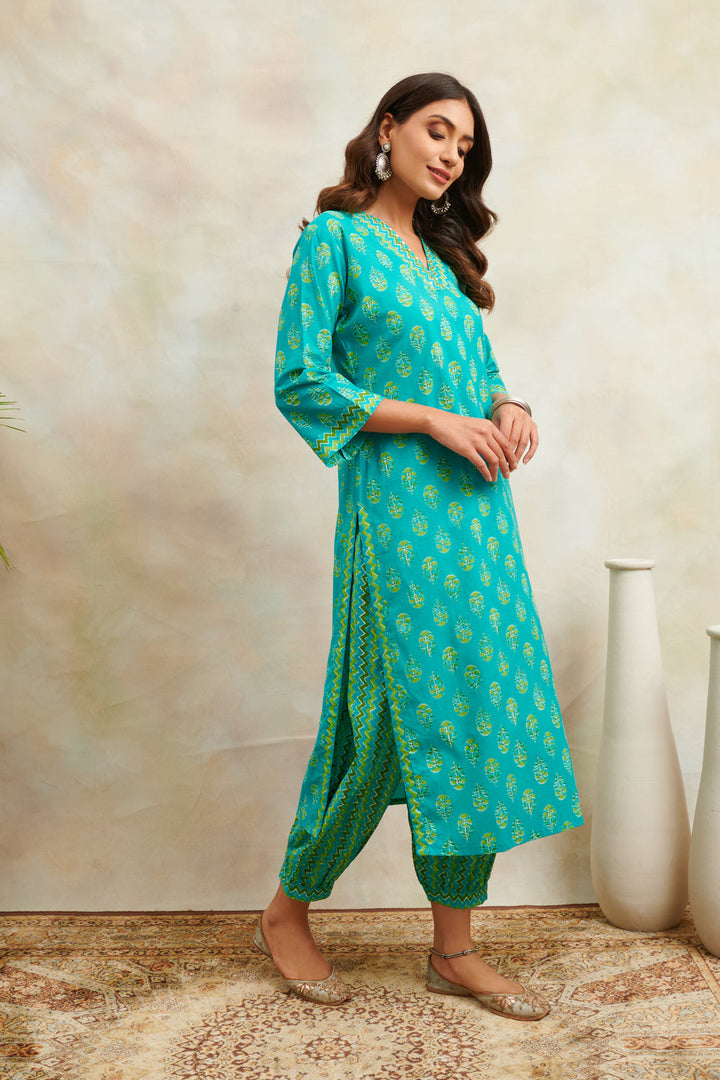 Blue & Green Hint Sanganeri Print Straight Kurta